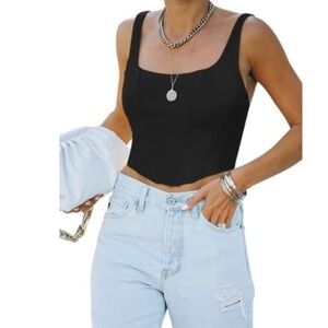 ReoRia Medium Black Zip Up Sexy Crop Top Corset Square Neck Trendy Night Club